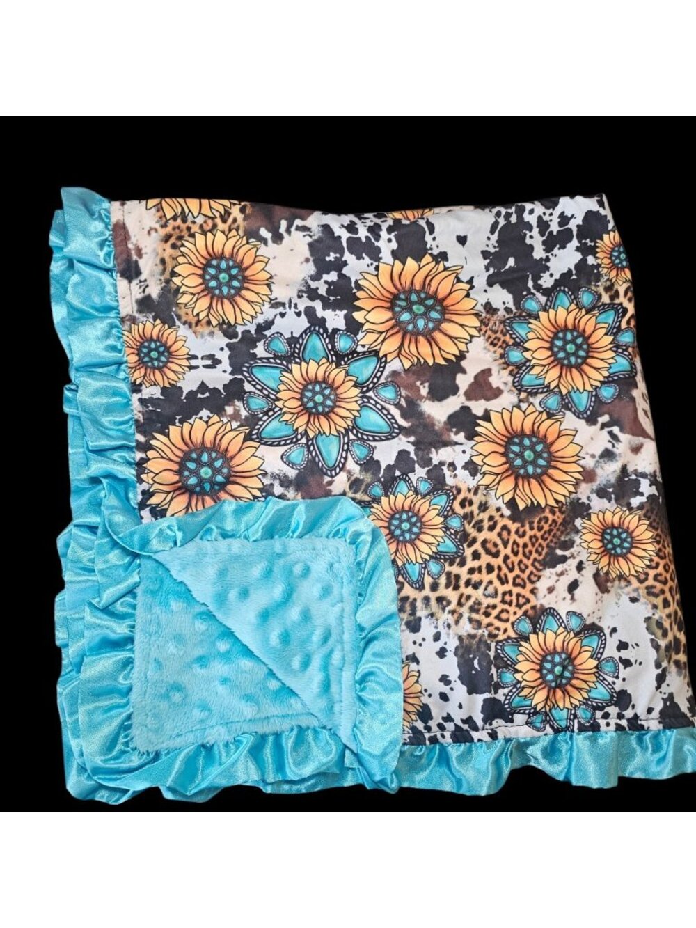 Baby Girl Western Blanket Teal Animal Print Sunflowers Minky Print Satin Trim